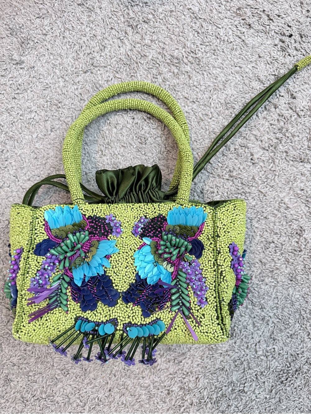 Embellished Lime Beaded Handbag with Floral Appliqué